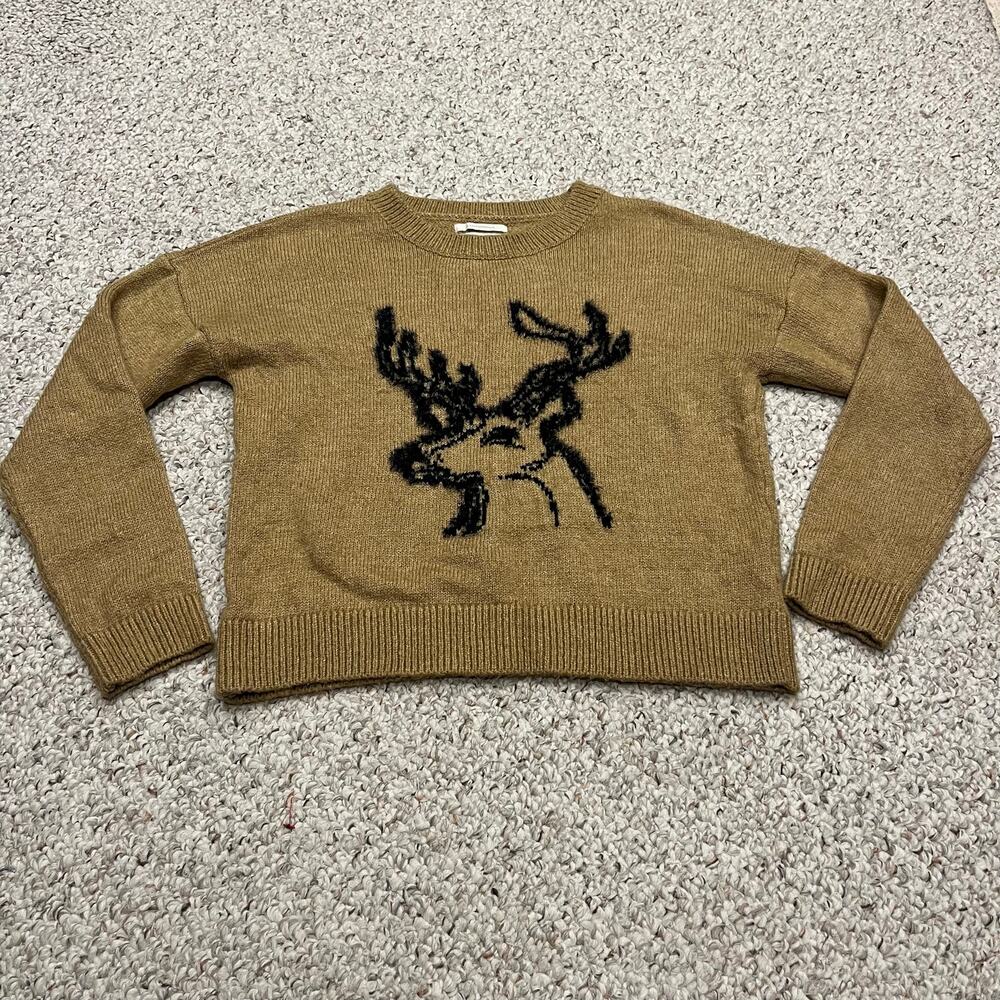 Anthropologie Oh Deer Reindeer Sweater XS Tan Holiday Christmas Cozy Casual